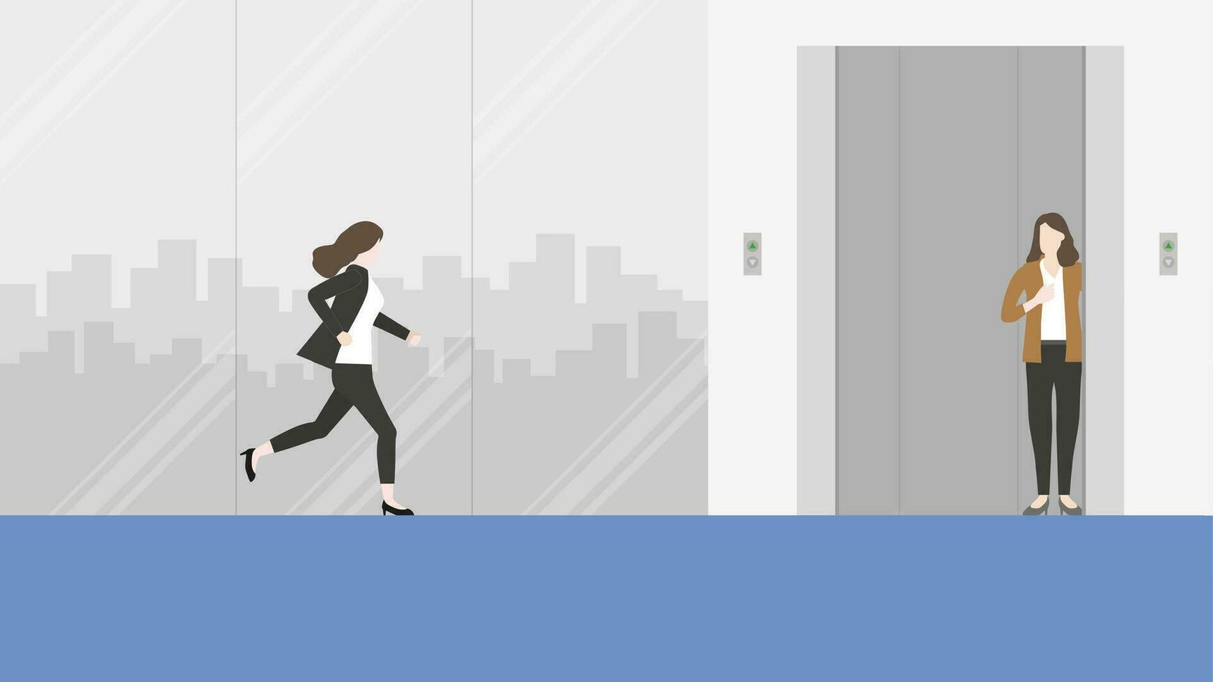 Hurry businesswoman runs a race against time to a waiting office elevator vector