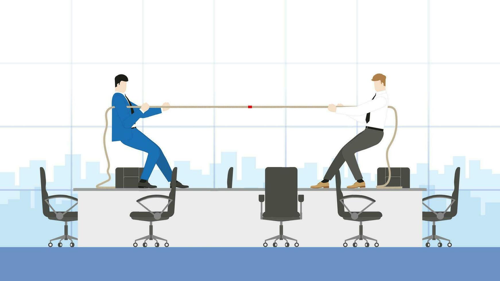 Two businessmen, boss, employees, and salarymen fighting a tug of war in an office workplace vector