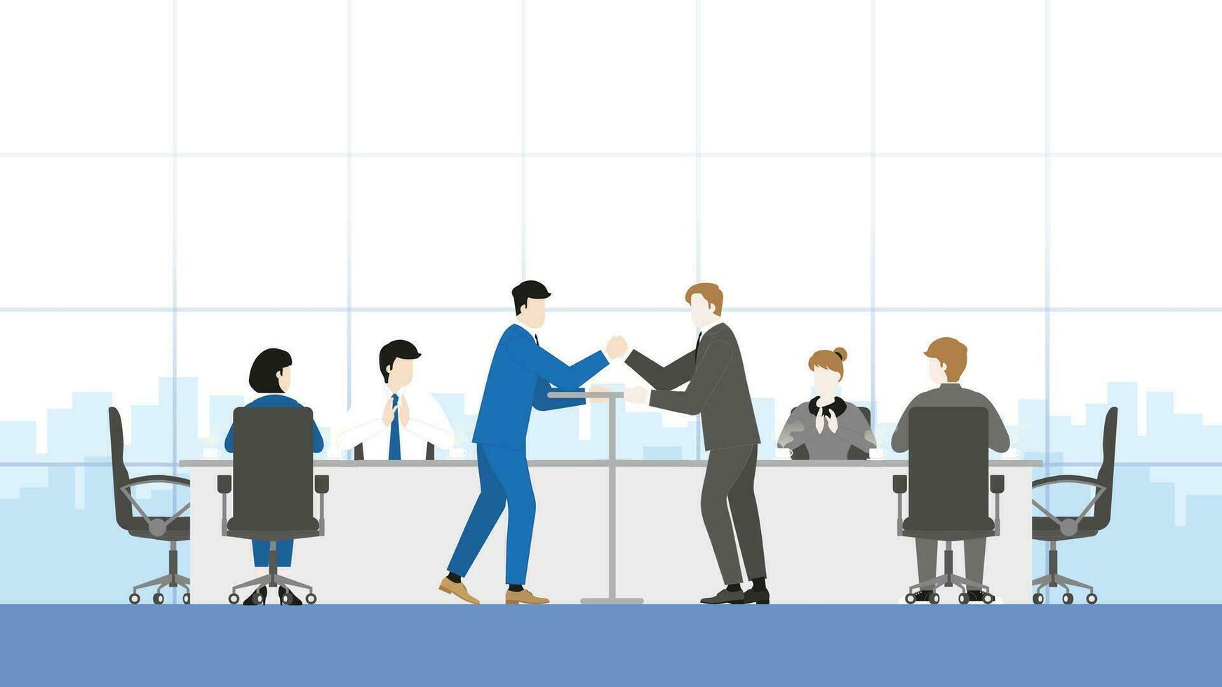 Two businessmen, employees, and salarymen stand arm wrestling fight in an office workplace vector