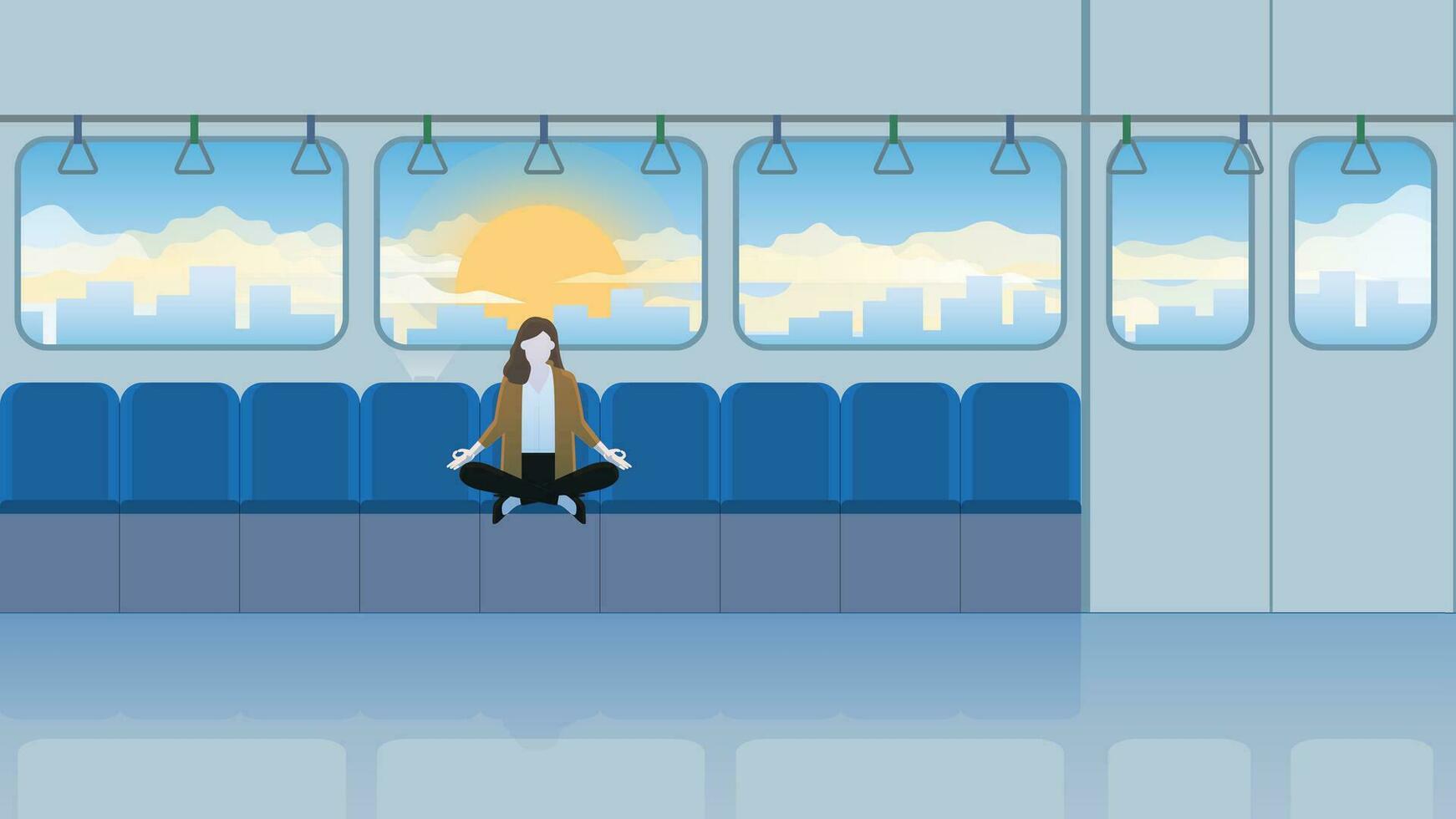 Alone calm businesswoman sits and meditates on train transportation vector