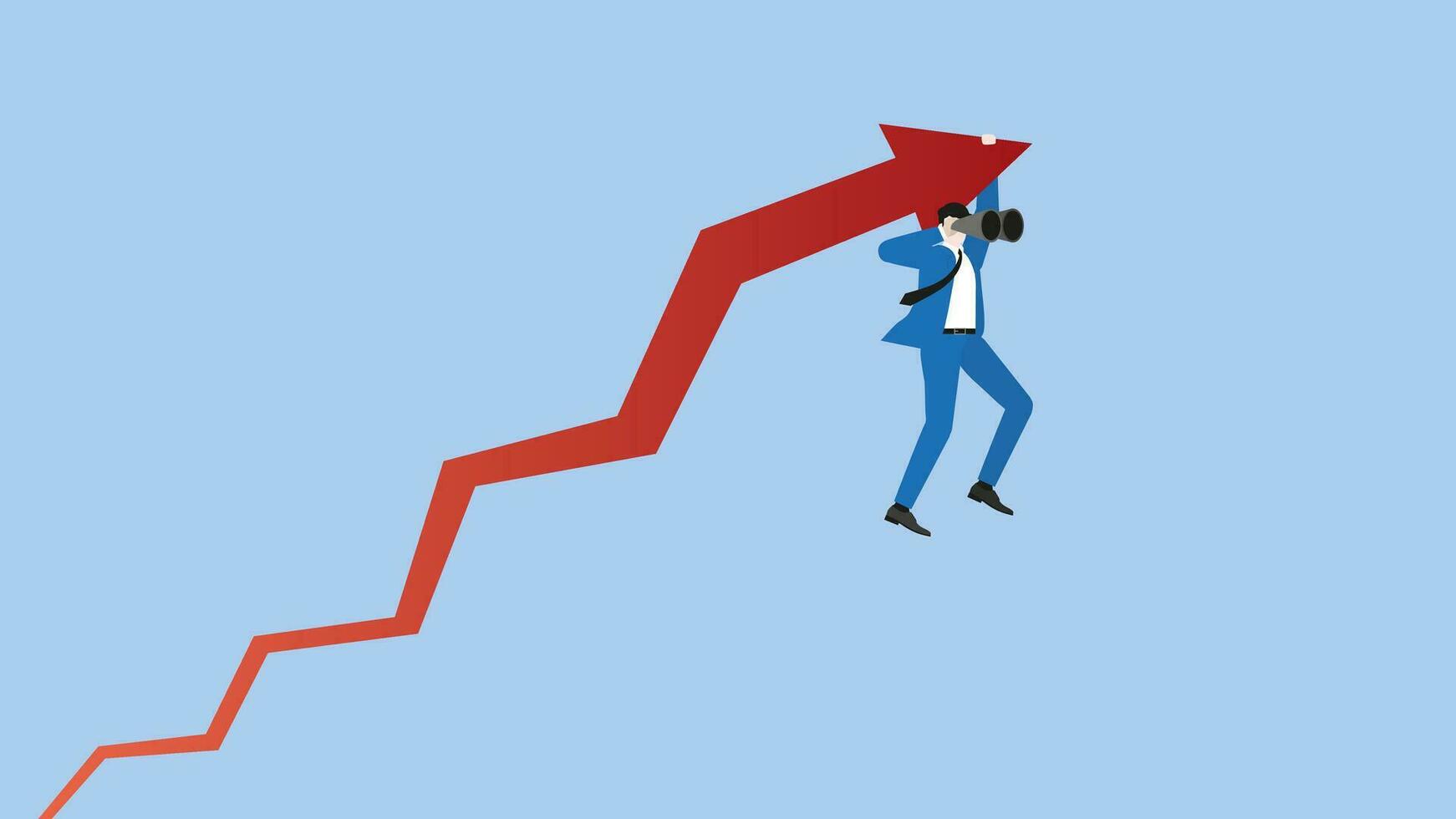 A businessman hangs a rise red arrow with a telescope. Concept of business opportunity vector