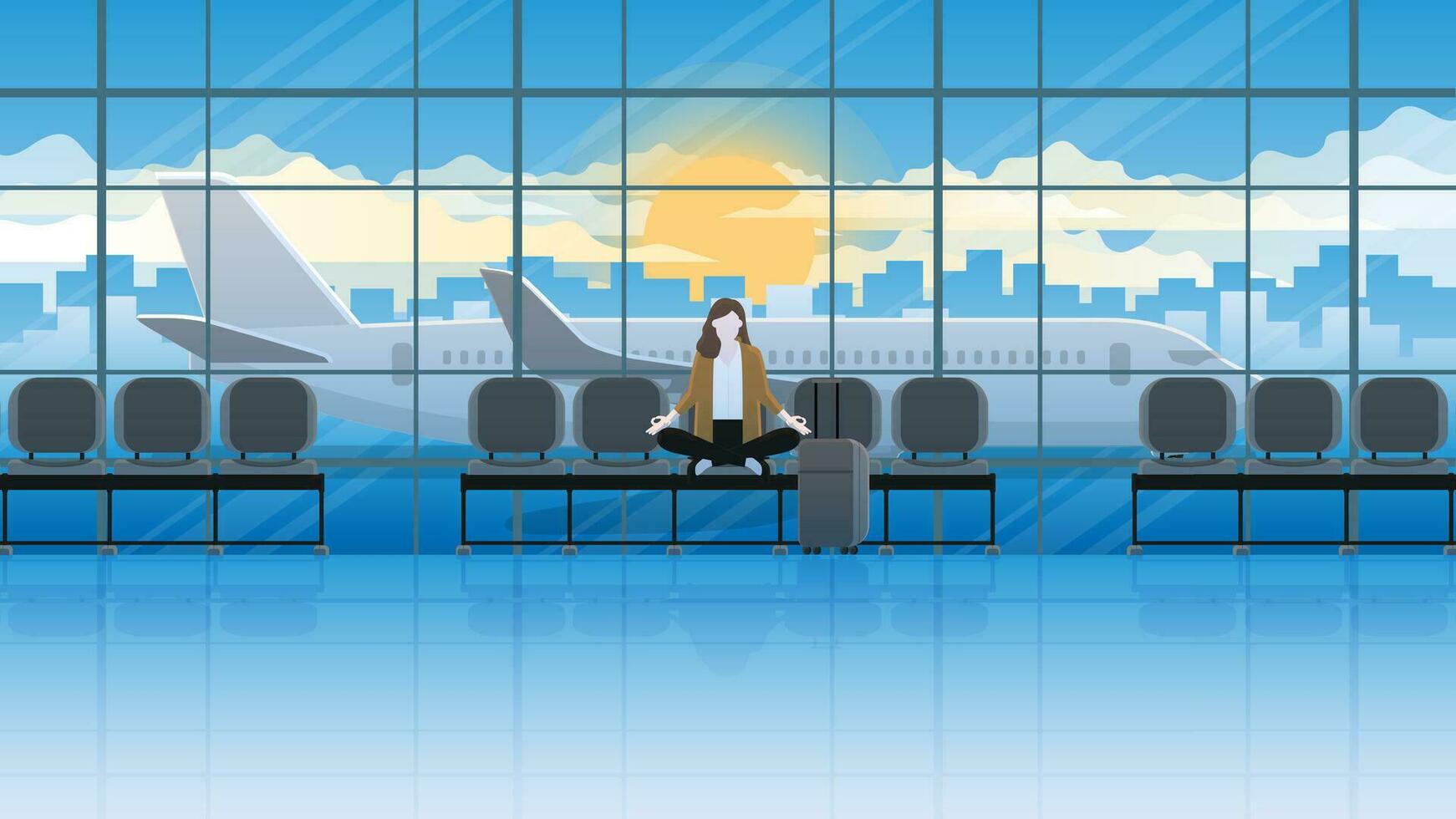 solo calma mujer de negocios se sienta y medita a un internacional aeropuerto Terminal, esperando para un vuelo. vector