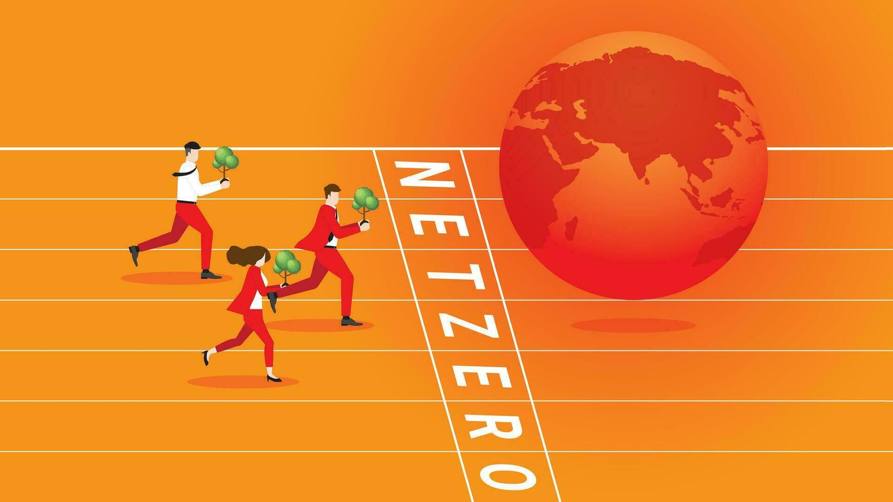 People bring trees to the red earth on racetrack with Net zero finish line. vector