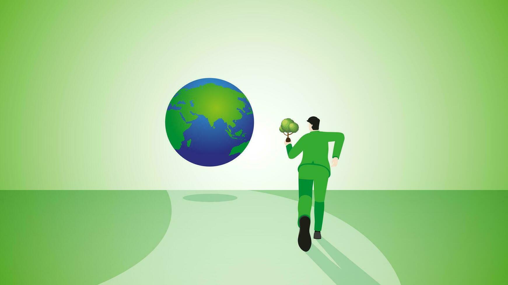The back view of a businessman runs with a tree to the earth. vector