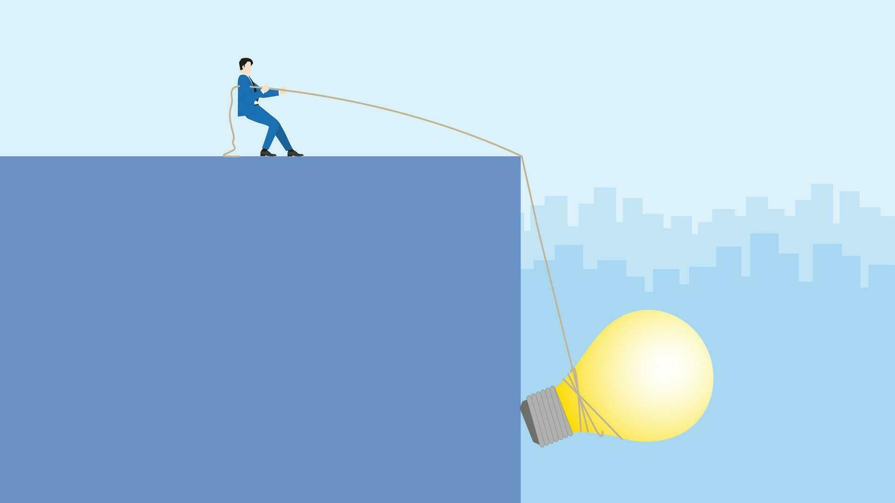 Ambitious businessman pulls a rope big light bulb from falling down. vector