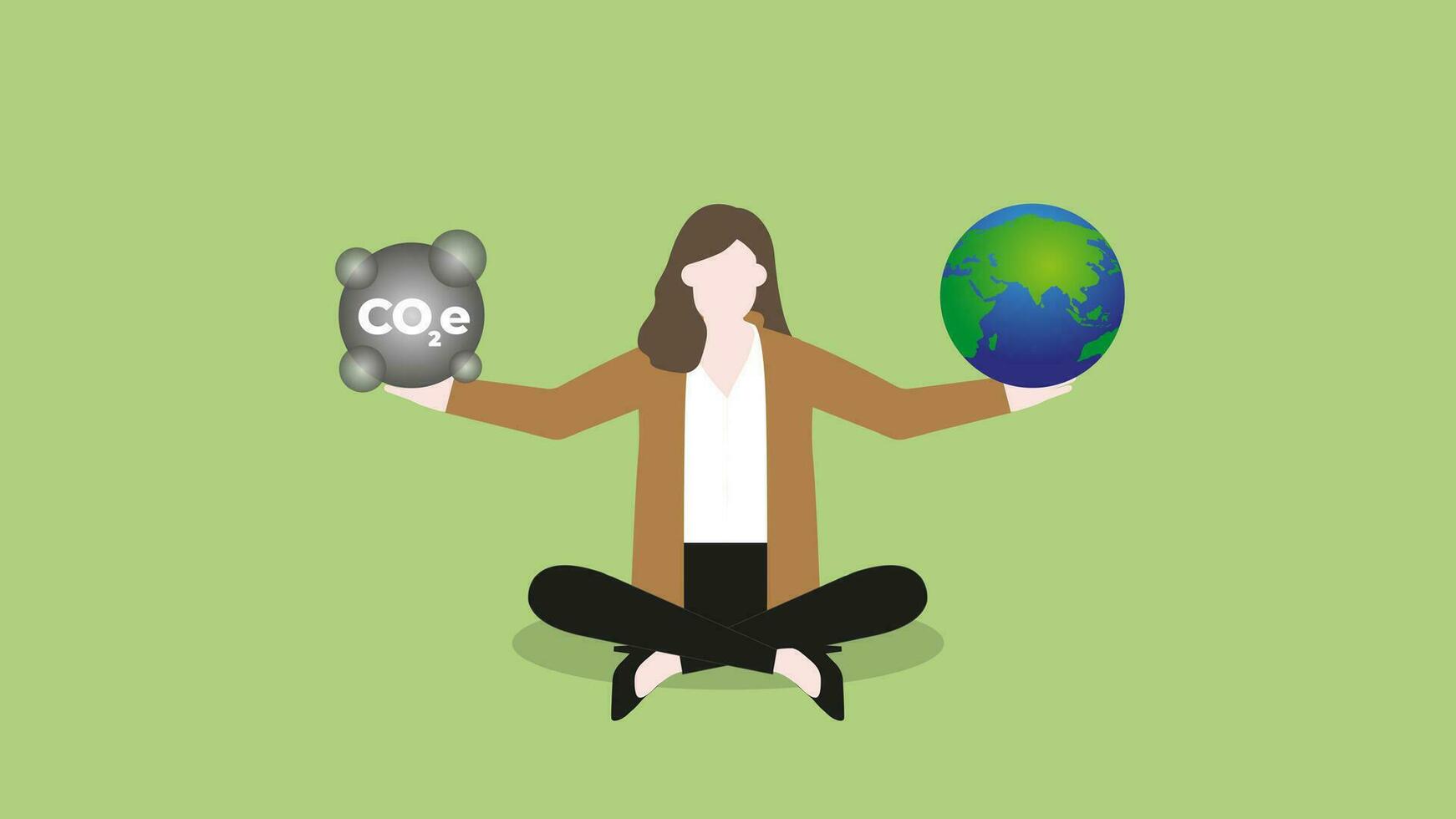 A woman balances CO2e pollution and the earth in hand. vector