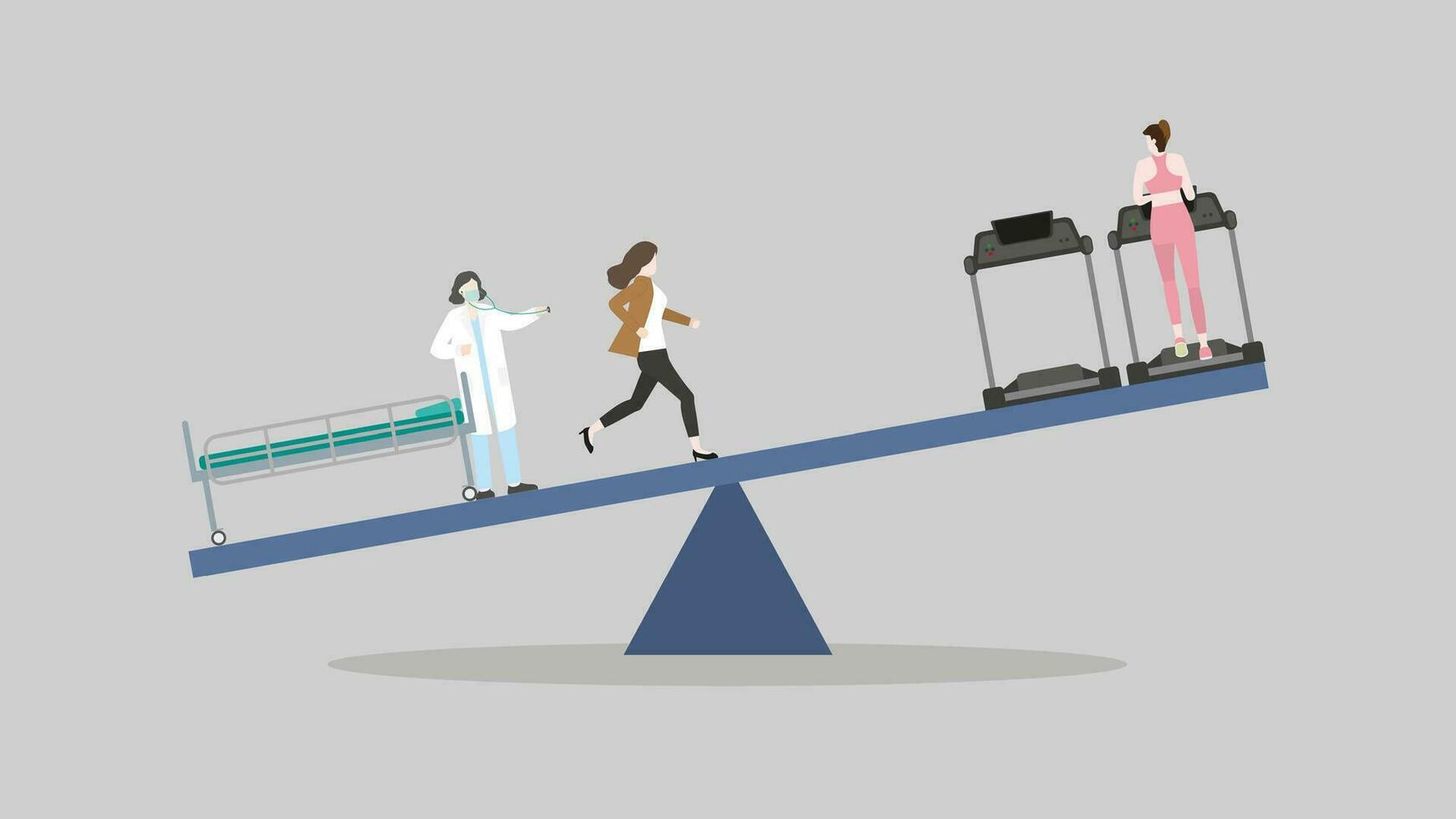 woman runs on a seesaw between a doctor at a hospital and cardio running on a treadmill at a fitness center. vector