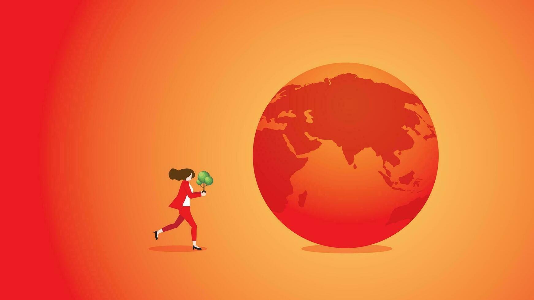 A woman runs and brings a tree to the red and hot earth. vector