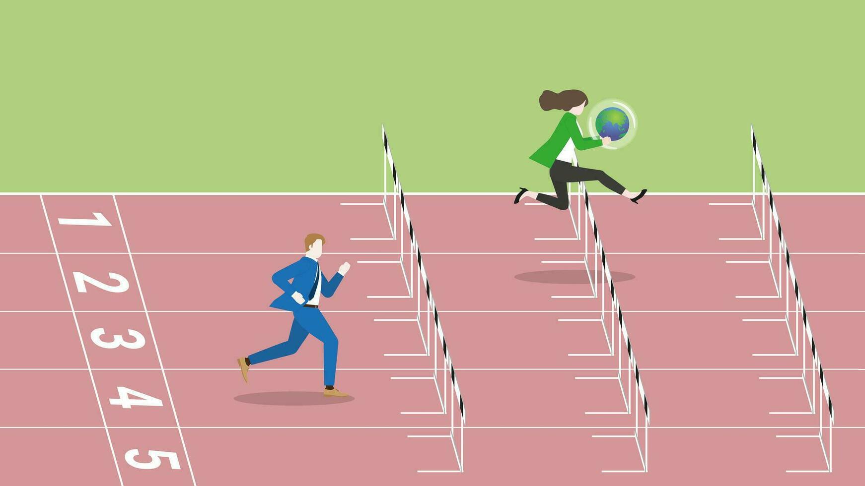 A leader businesswoman holds earth and competitor run and jump over obstacles on race track. vector