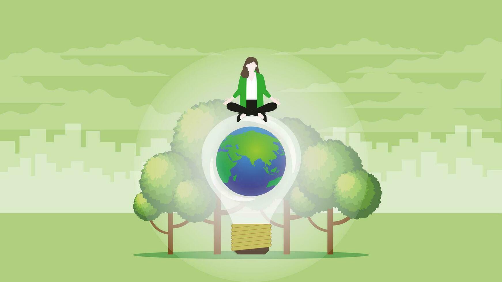 A calm businesswoman sits on the world light bulb and trees. vector