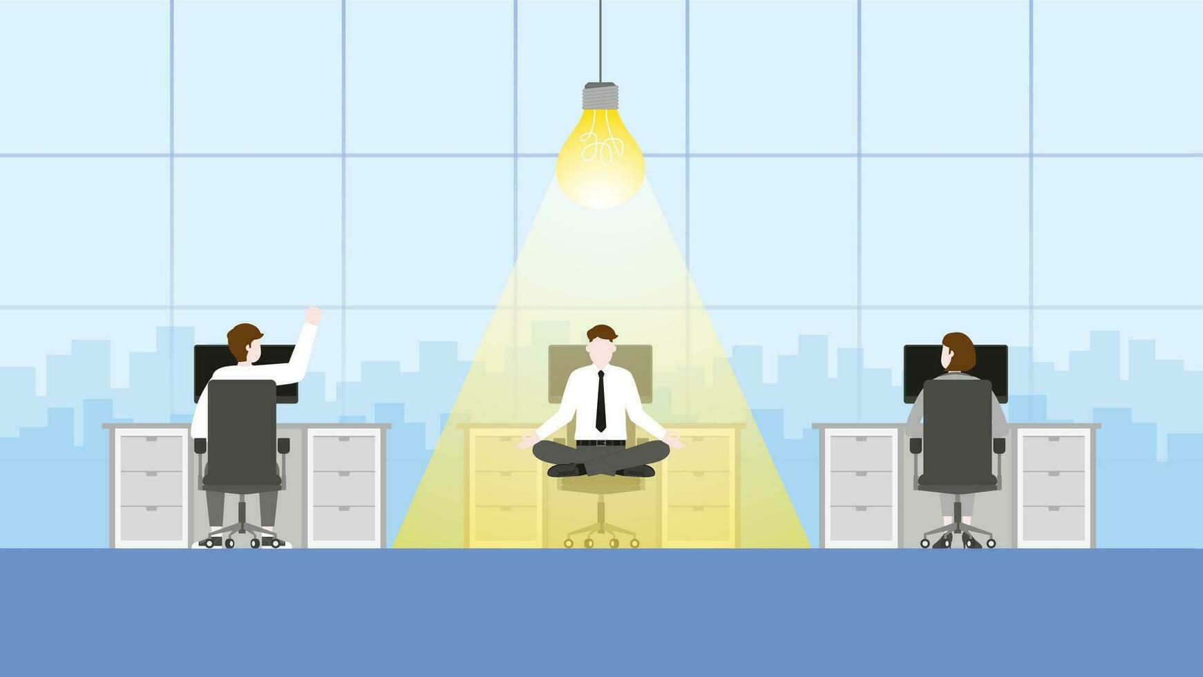 A businessman meditates with a light bulb in workplace vector
