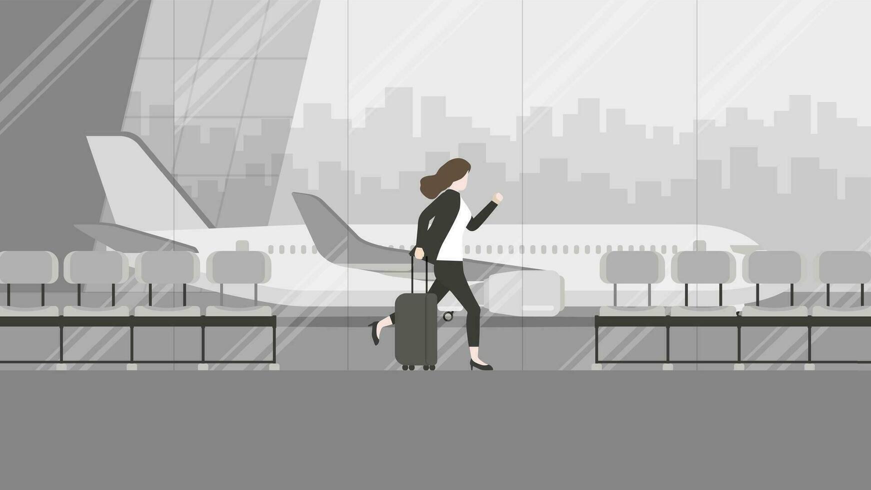 Business trip, a businesswoman runs to a flight at an international airport terminal vector