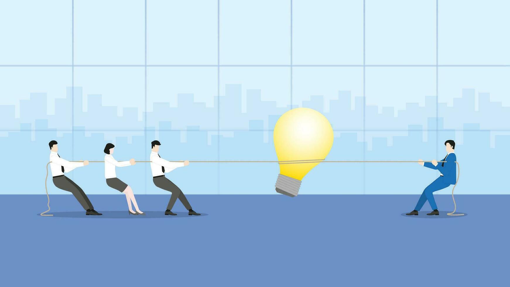 Boss vs employee. Businessmen pull a rope for a big light bulb in a meeting vector