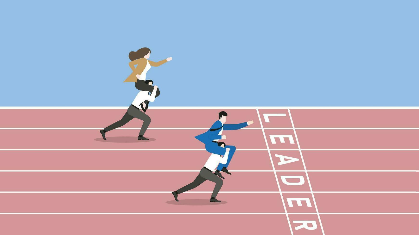 Boss rides piggyback on employee team staff and runs on a race track to win at the LEADER finish line. vector