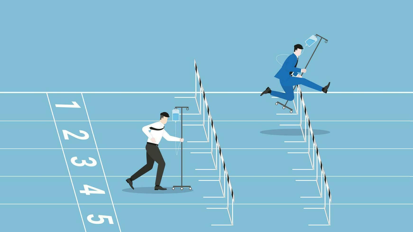Businessman runs on race track by saline medical drip bag. vector