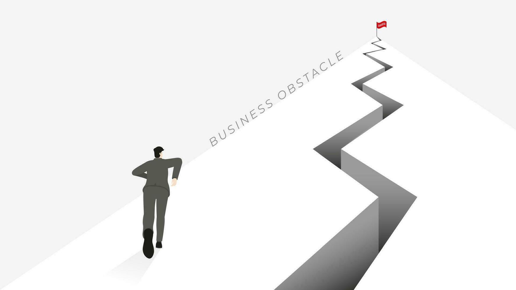 Vector minimal style back view of businessman runs up a mountain with obstacle