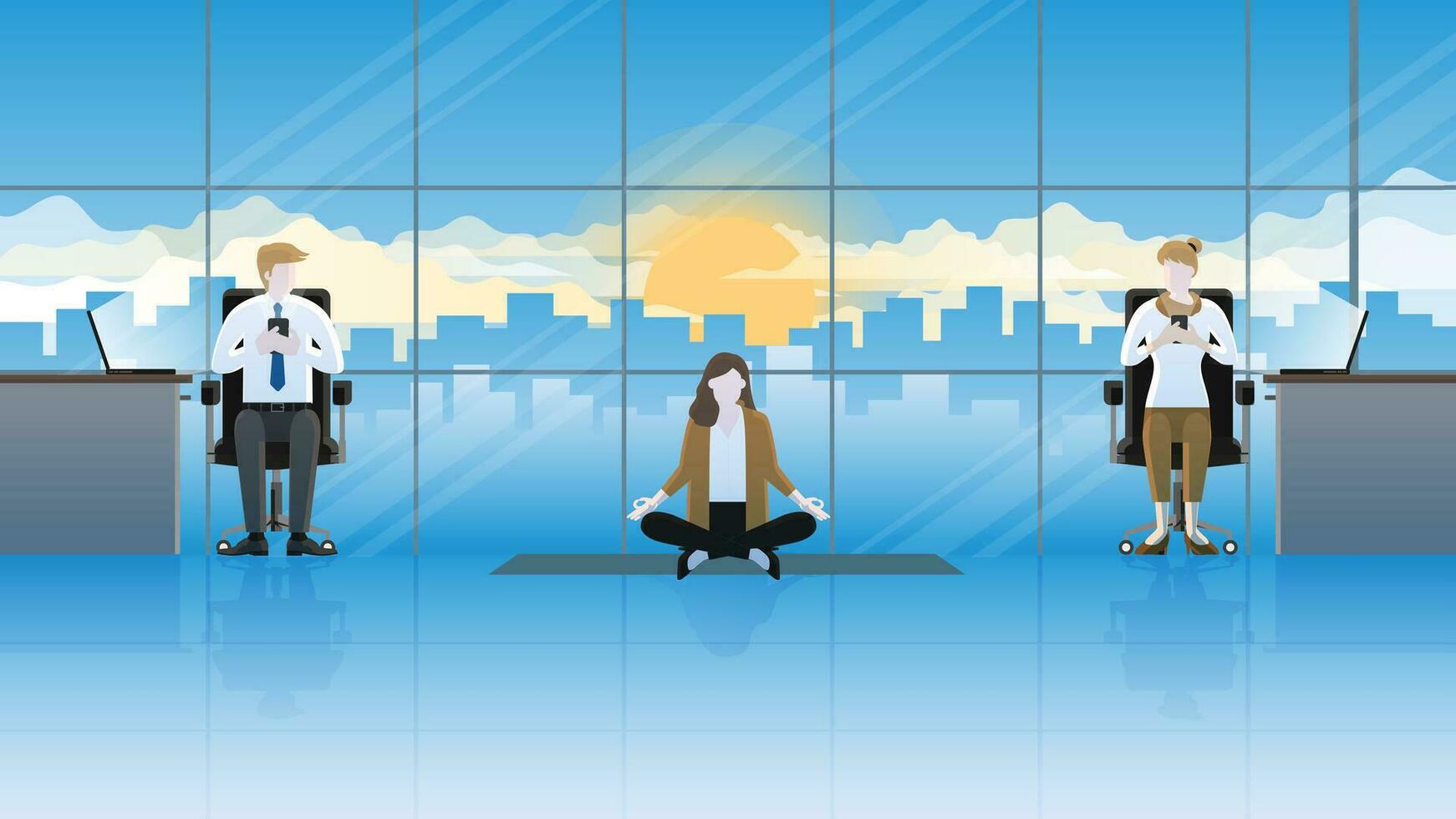 A calm businesswoman sits and meditates yoga at an office between laptop working employees vector