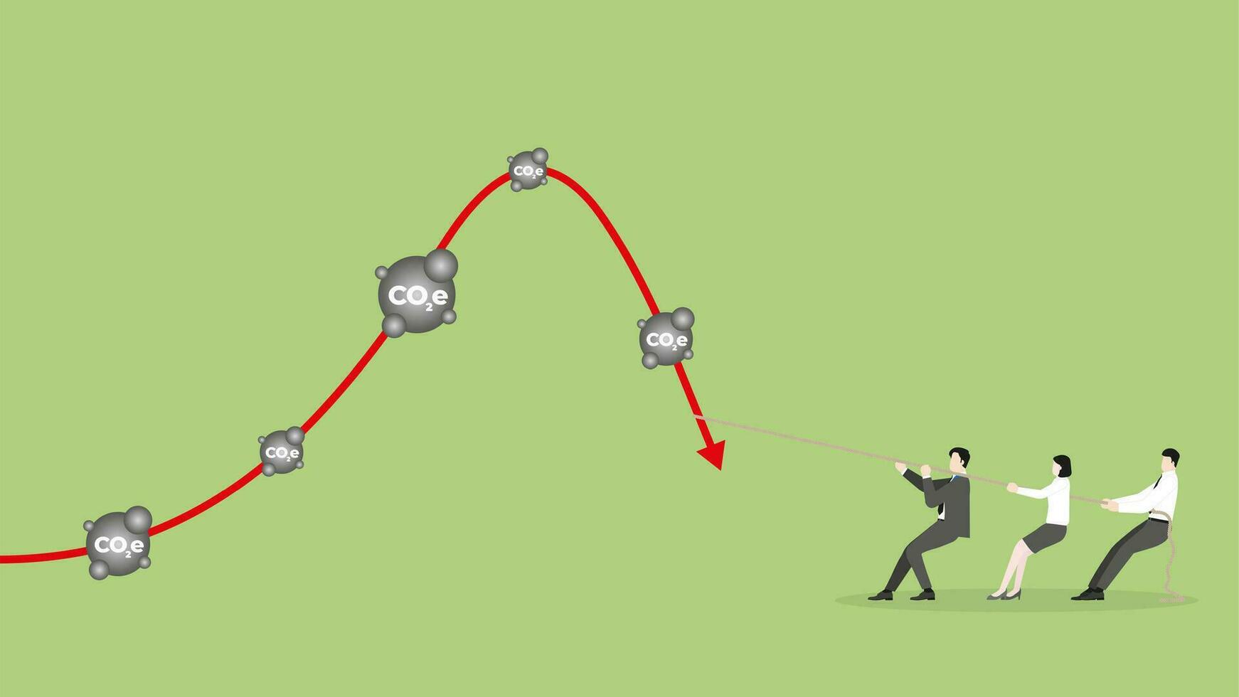 Business team pulls a rope to change a graph CO2e direction. vector