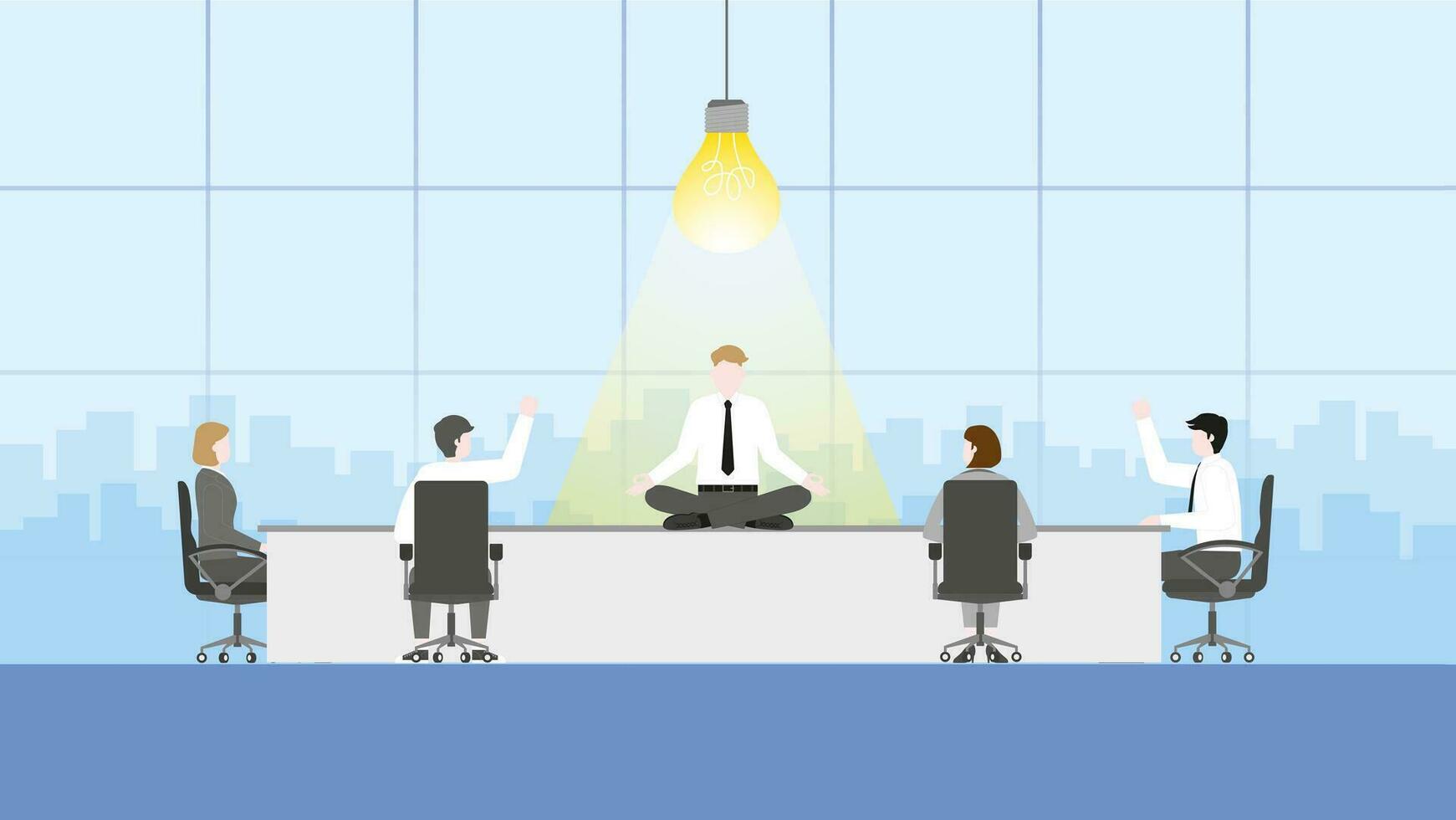 A businessman meditates with a light bulb in a meeting vector