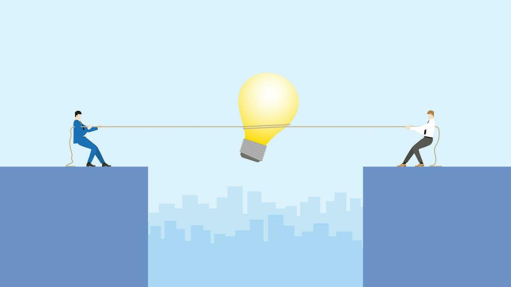 Boss vs employee. Businessmen pull a rope for a big light bulb in a meeting vector