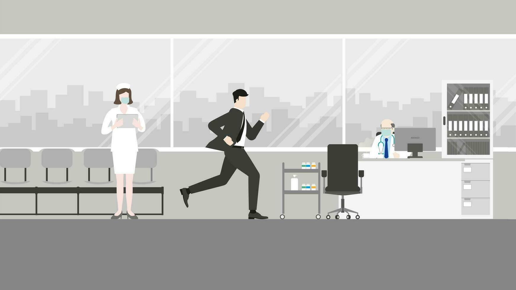 Hurry office people, a businessman runs to the doctor's appointment at the hospital vector