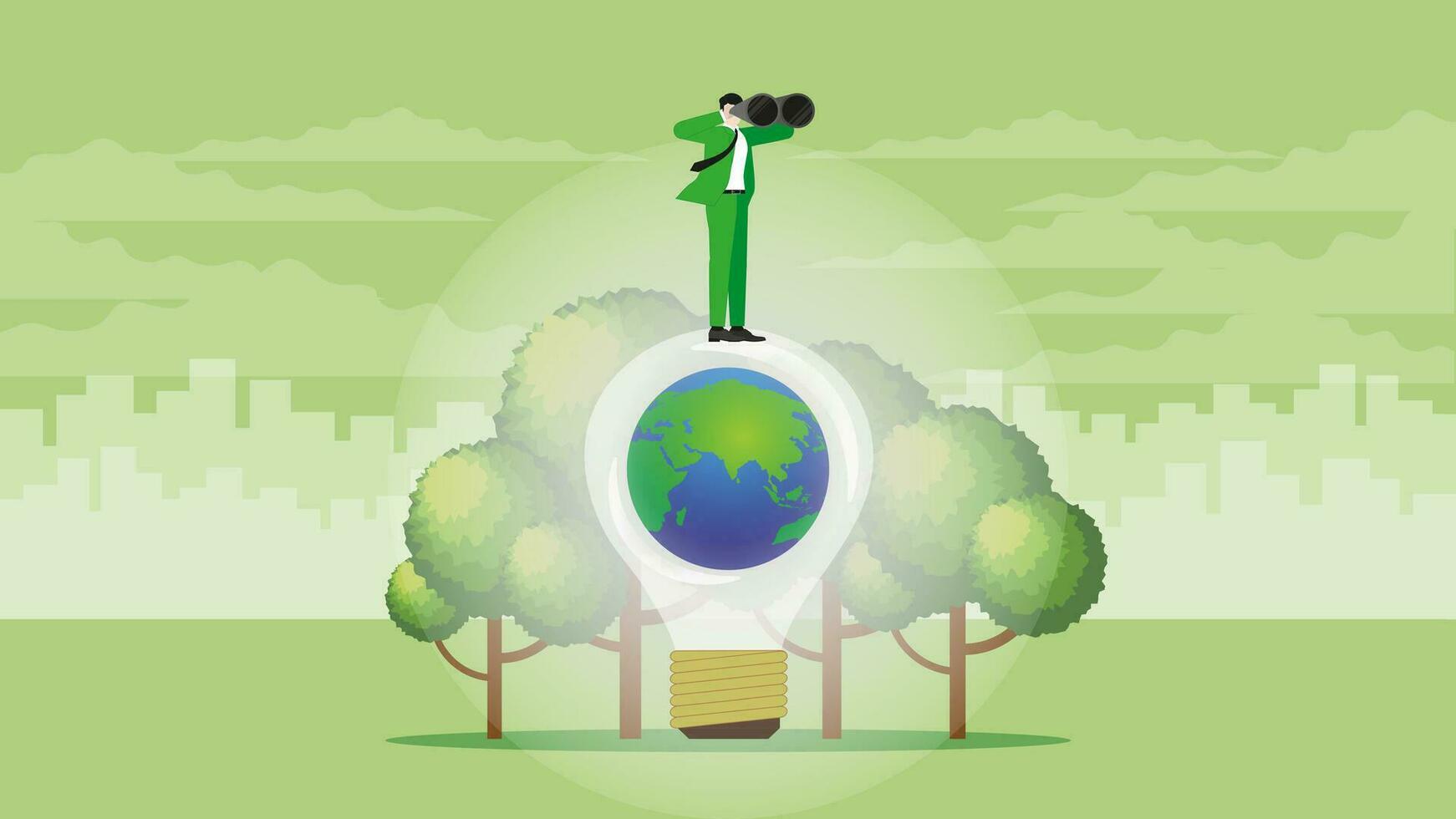 Vision businessman uses binoculars on the world light bulb. vector