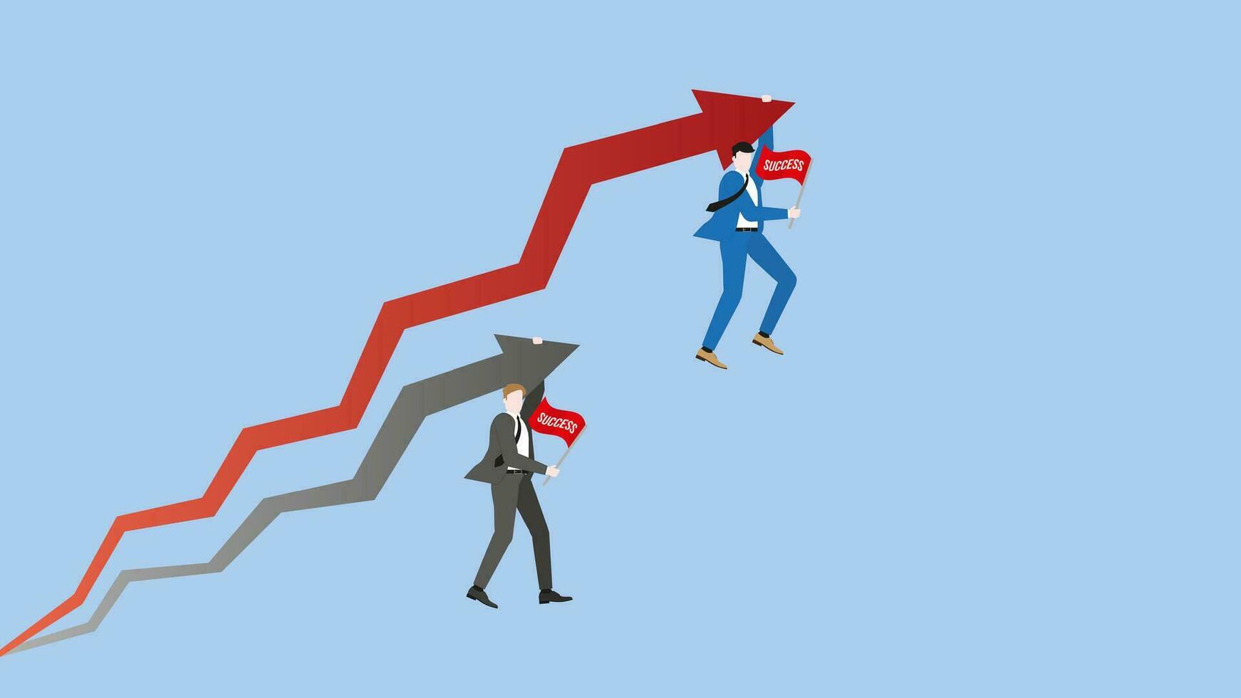 Business people hang a rising arrow with a red success flag. vector