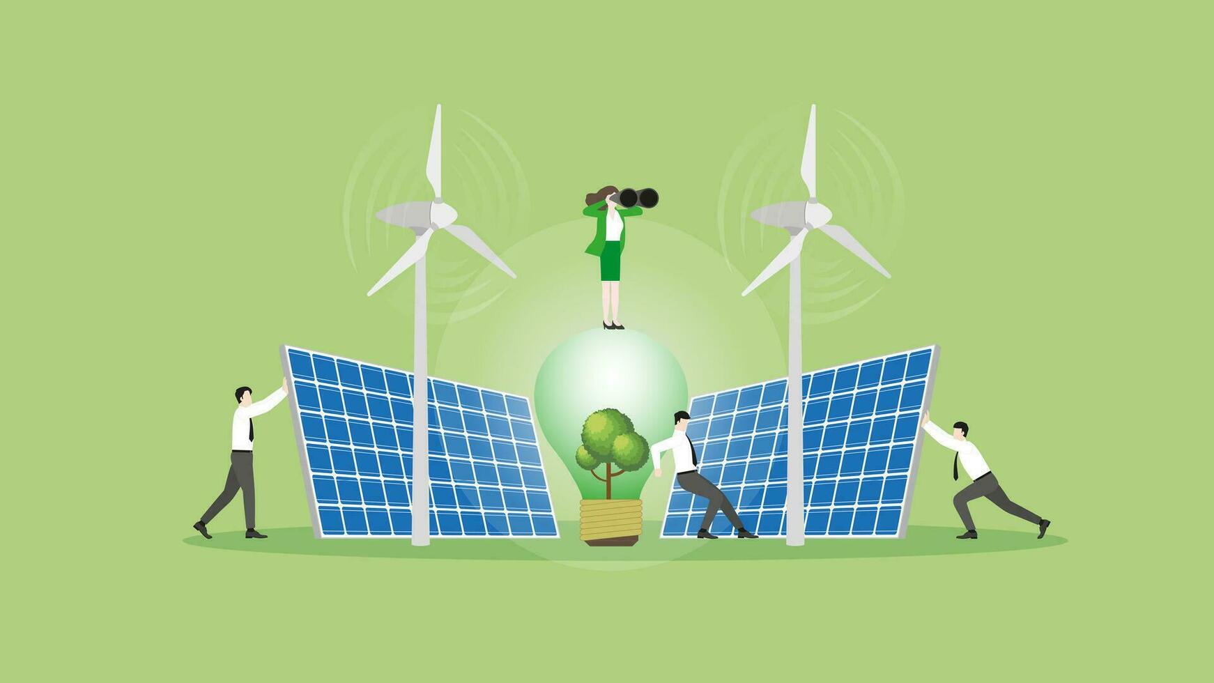 A businesswoman uses binoculars on a tree light bulb, wind turbine generator power, and solar cells with team support. vector