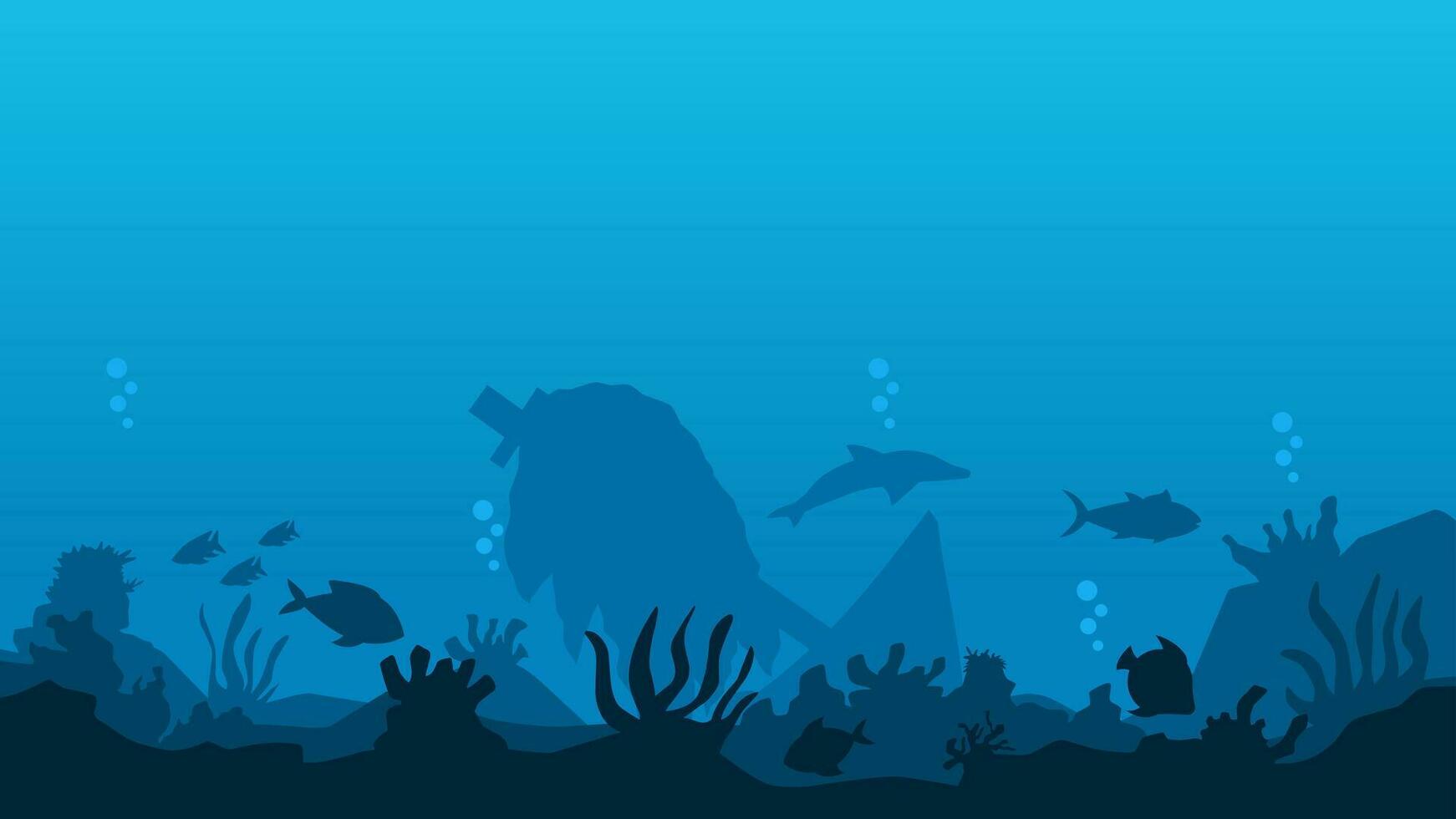 Underwater landscape vector illustration. bottom sea silhouette with coral reef, fish and shipwreck. Underwater landscape for background, wallpaper or landing page