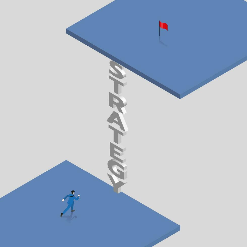 Businessman runs to a ladder, Climb up to a goal red flag on a higher level. Business concept of possible vector