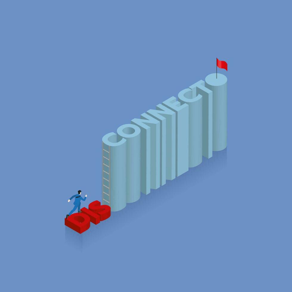 Businessman runs aim to target on text word DISCONNECT into CONNECT vector