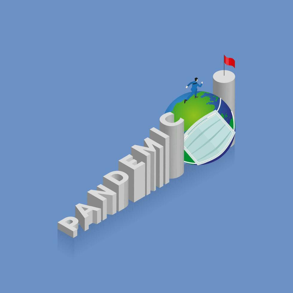 A man runs and steps up a stair, a staircase is text word PANDEMIC, vector