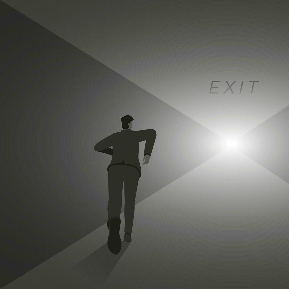 usinessman runs aim to a very far target with light at the exit of the tunnel. vector