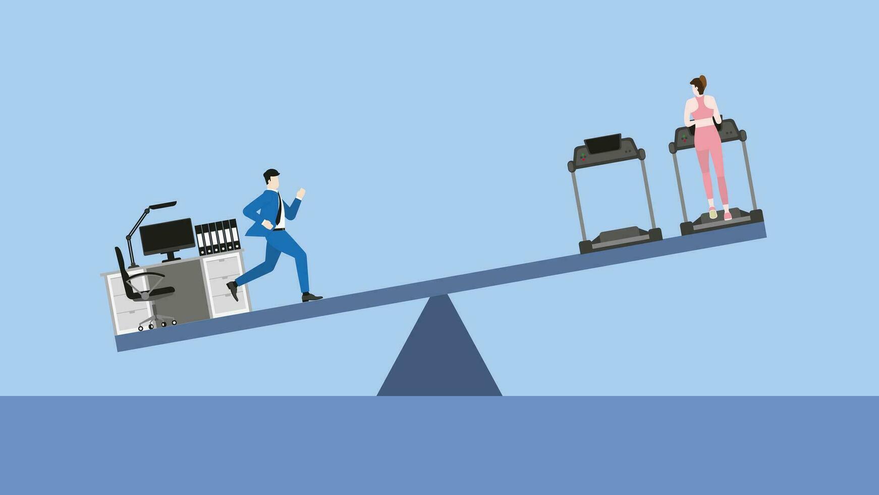 Work life balance concept. Businessman keeping balance by running away from working desk to exercise with his girlfriend that waiting on a treadmill. vector