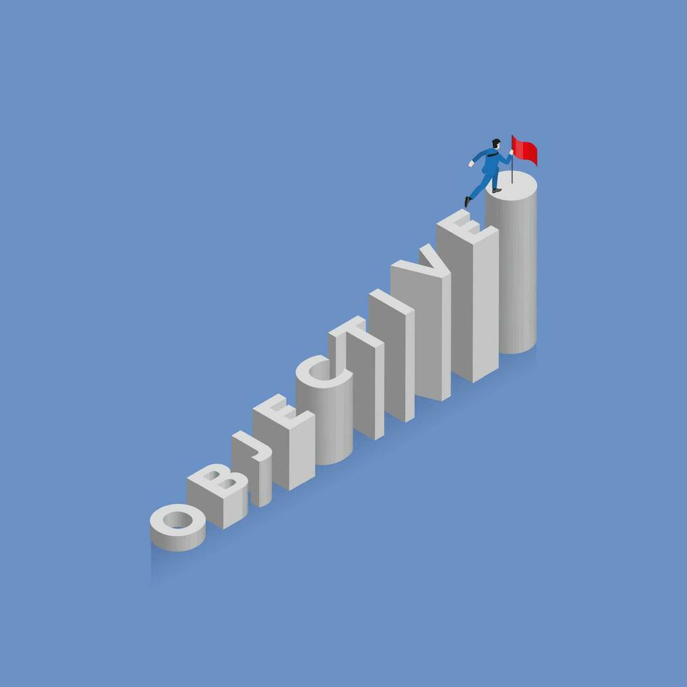 Businessman runs and steps up a stair, a staircase is text word OBJECTIVE vector