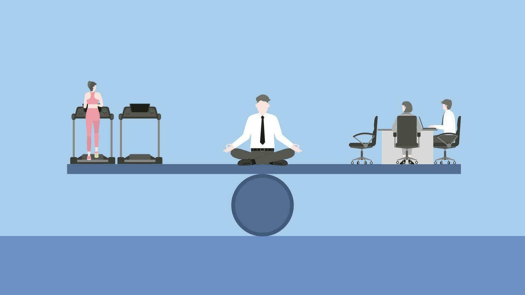 Meditation businessman sits and thinks at the center of a seesaw between exercise running on treadmill and office meeting vector