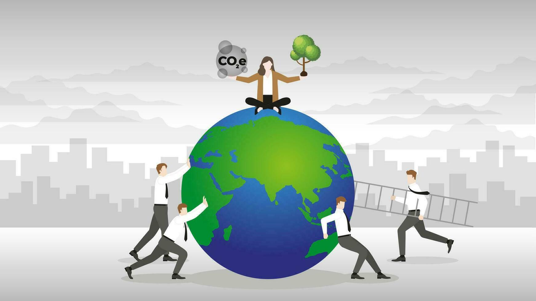 A businesswoman and teamwork help the world by planting a tree. vector