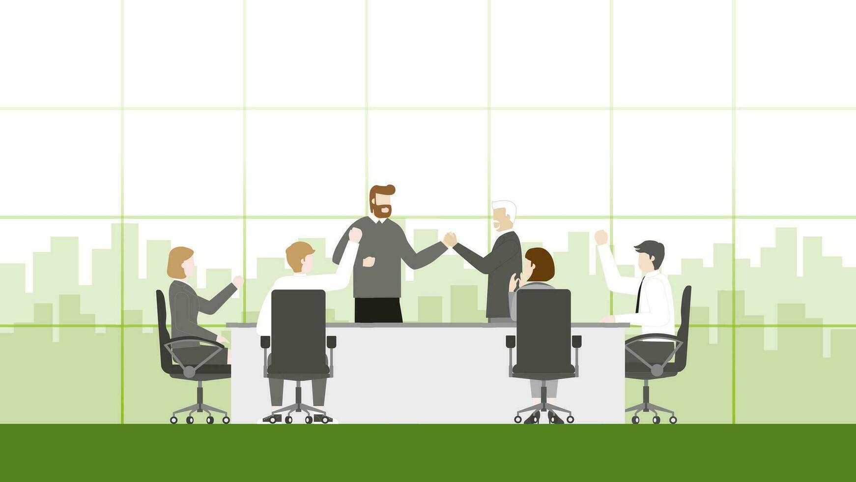 employee in a meeting room and enjoying a job together. Boss shake hands with pleasure. vector