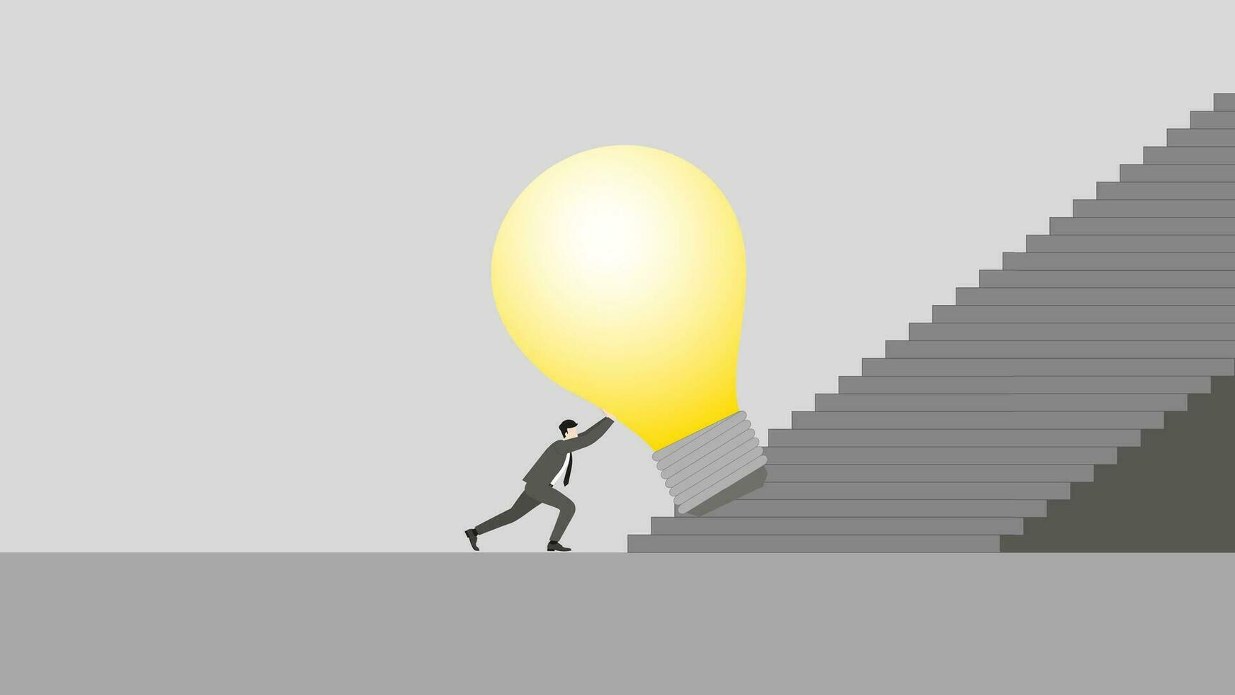 concept. A businessman pushes the big light bulb, Steps up a stair vector