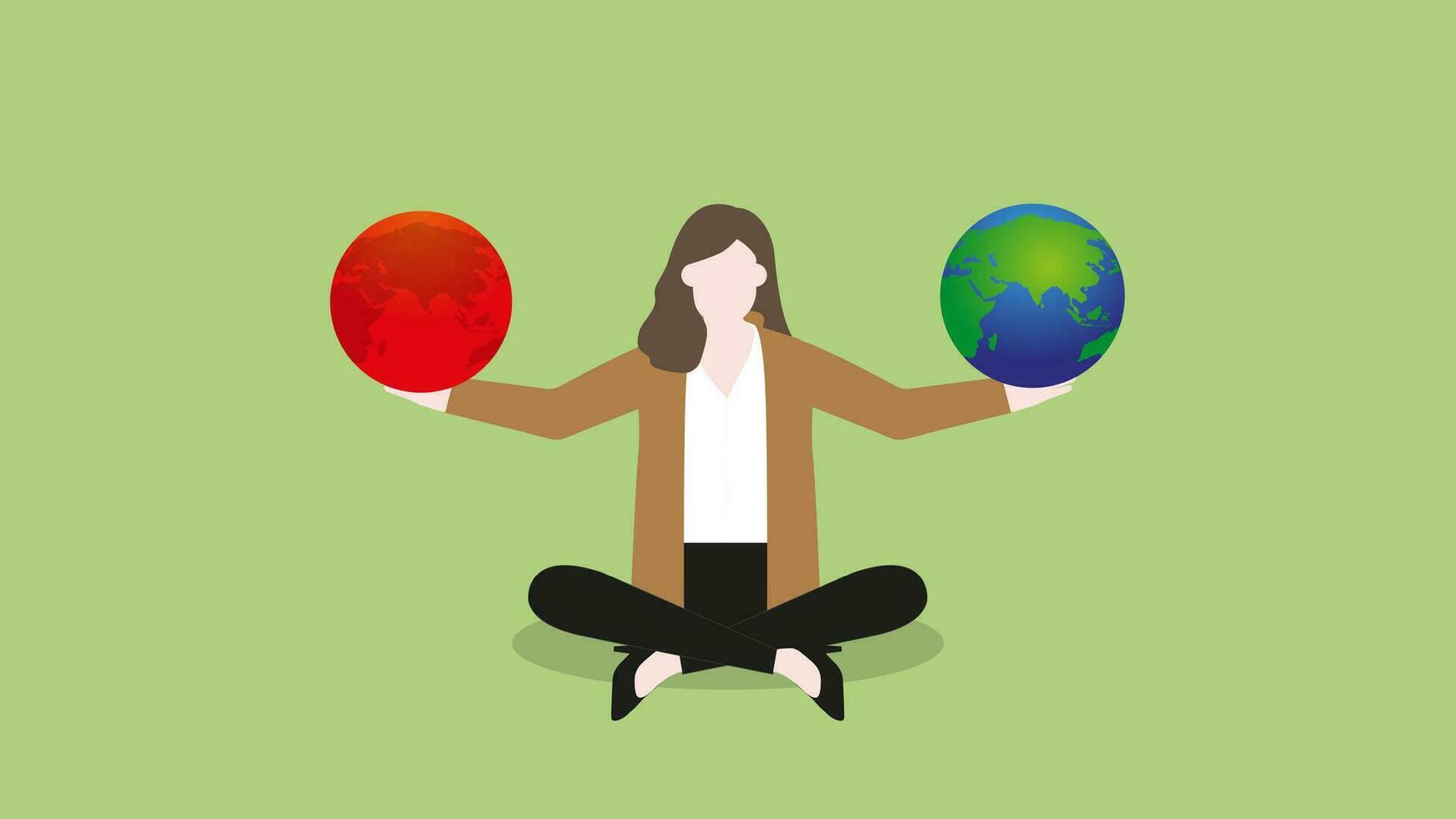 A woman balances red pollution and the earth in hand. vector