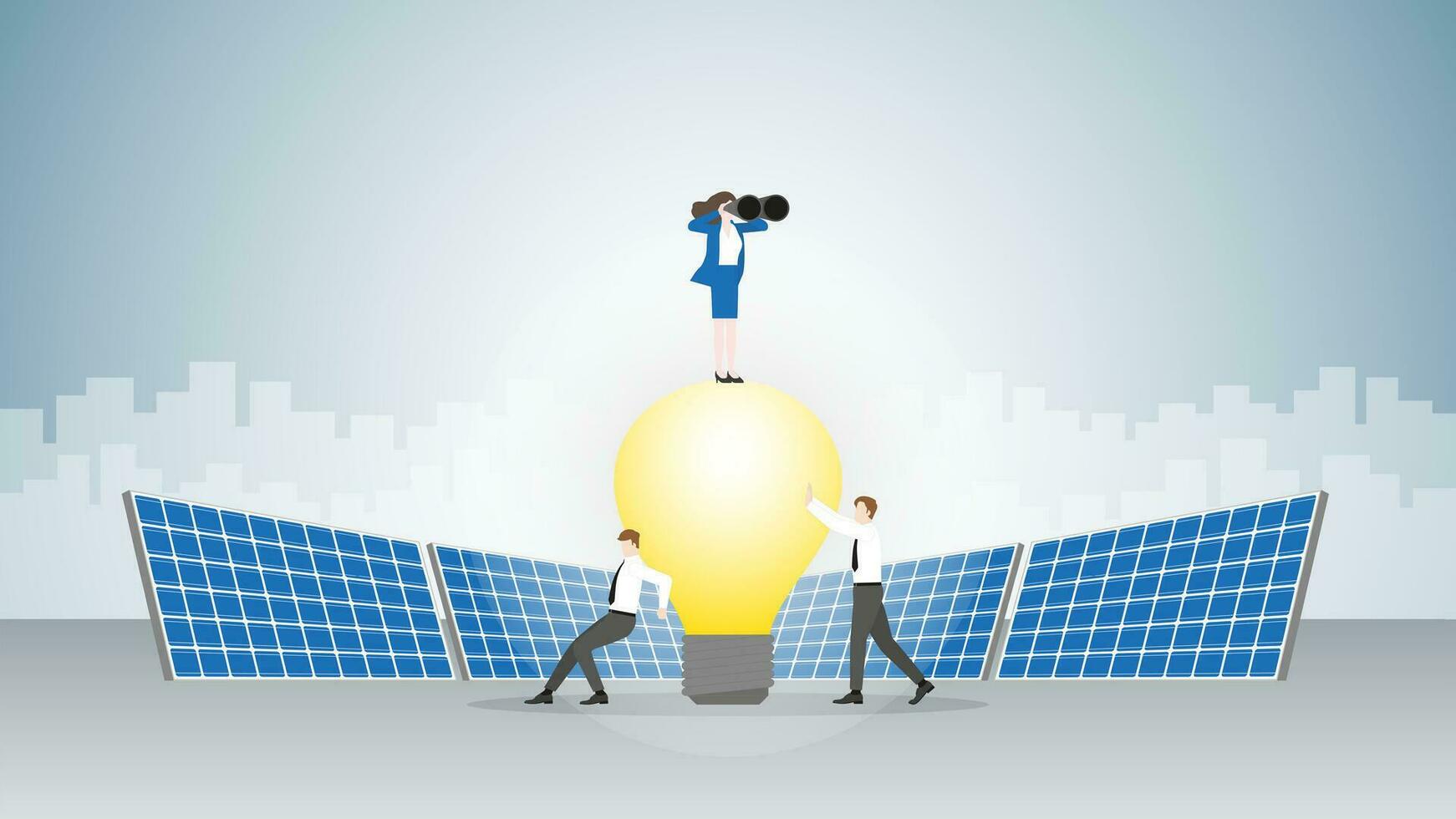 Visionary businesswoman uses binoculars on light bulb powered by solar cells with team support. vector