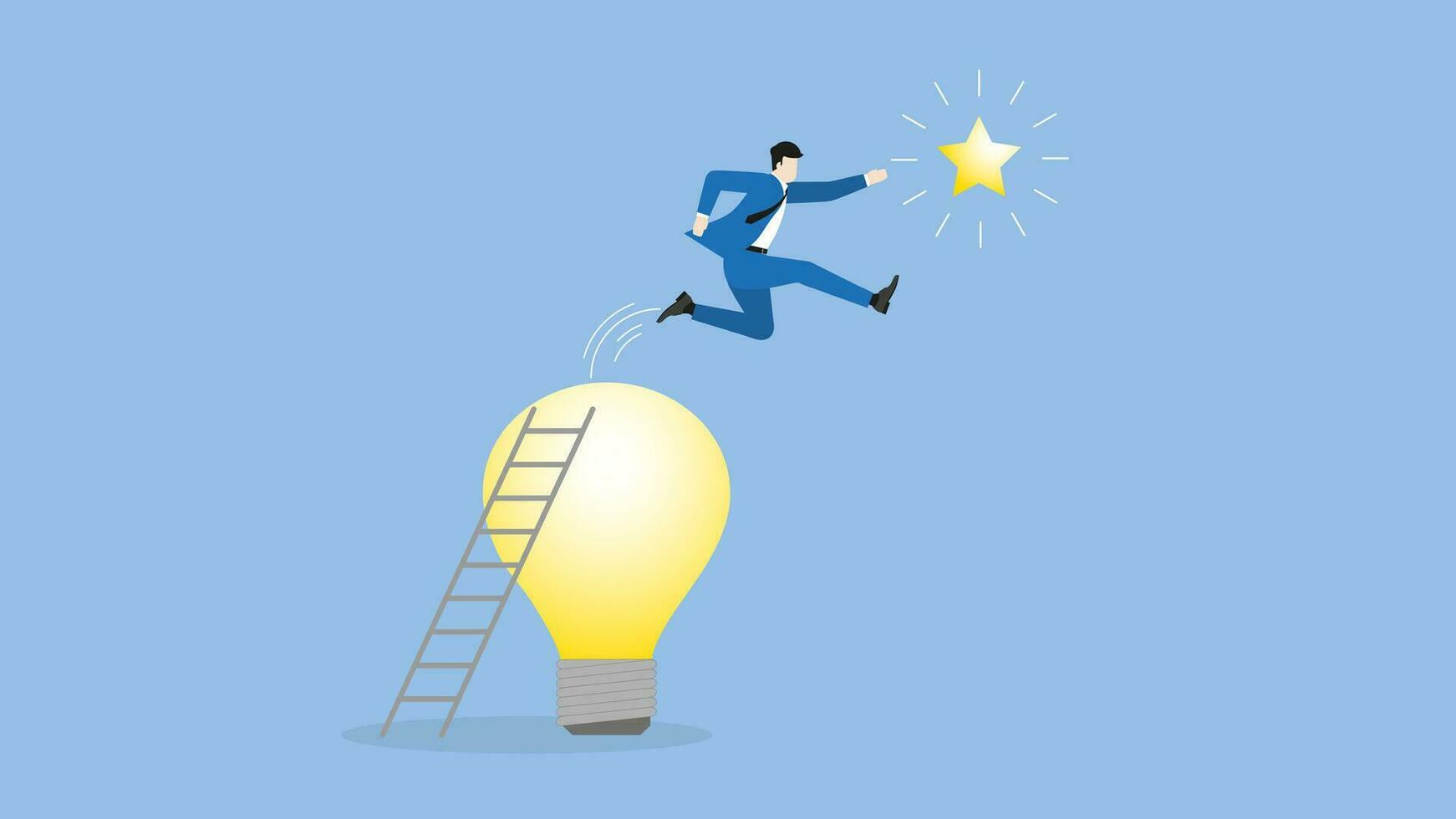 A businessman climbs up ladder and jumps from light bulb to grab a star vector