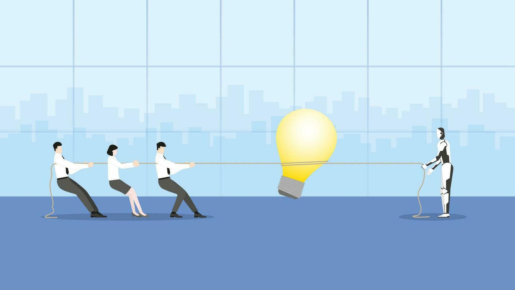 Human vs AI technology concept. People and cyborg pull a rope for a big light bulb in a meeting vector