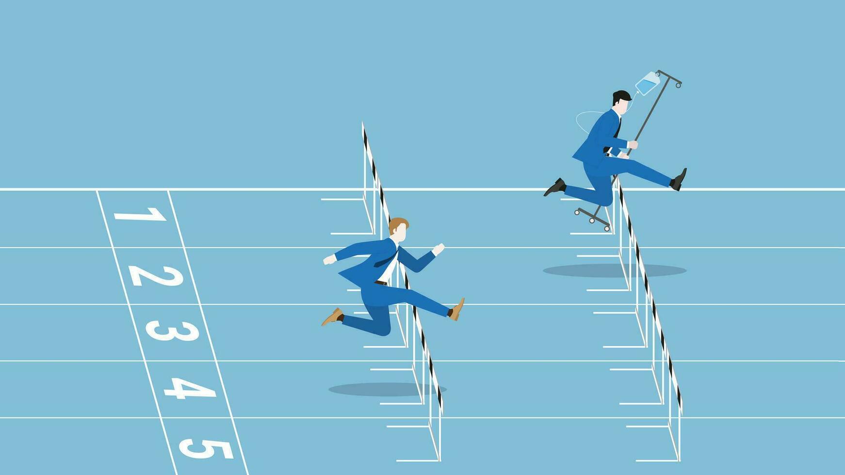 Businessman runs on race track by saline medical drip bag. vector