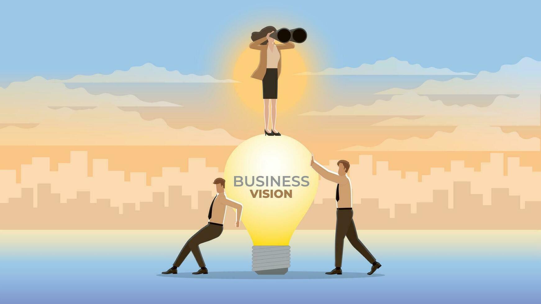 A vision businesswoman uses binoculars on a large lightbulb with team vector