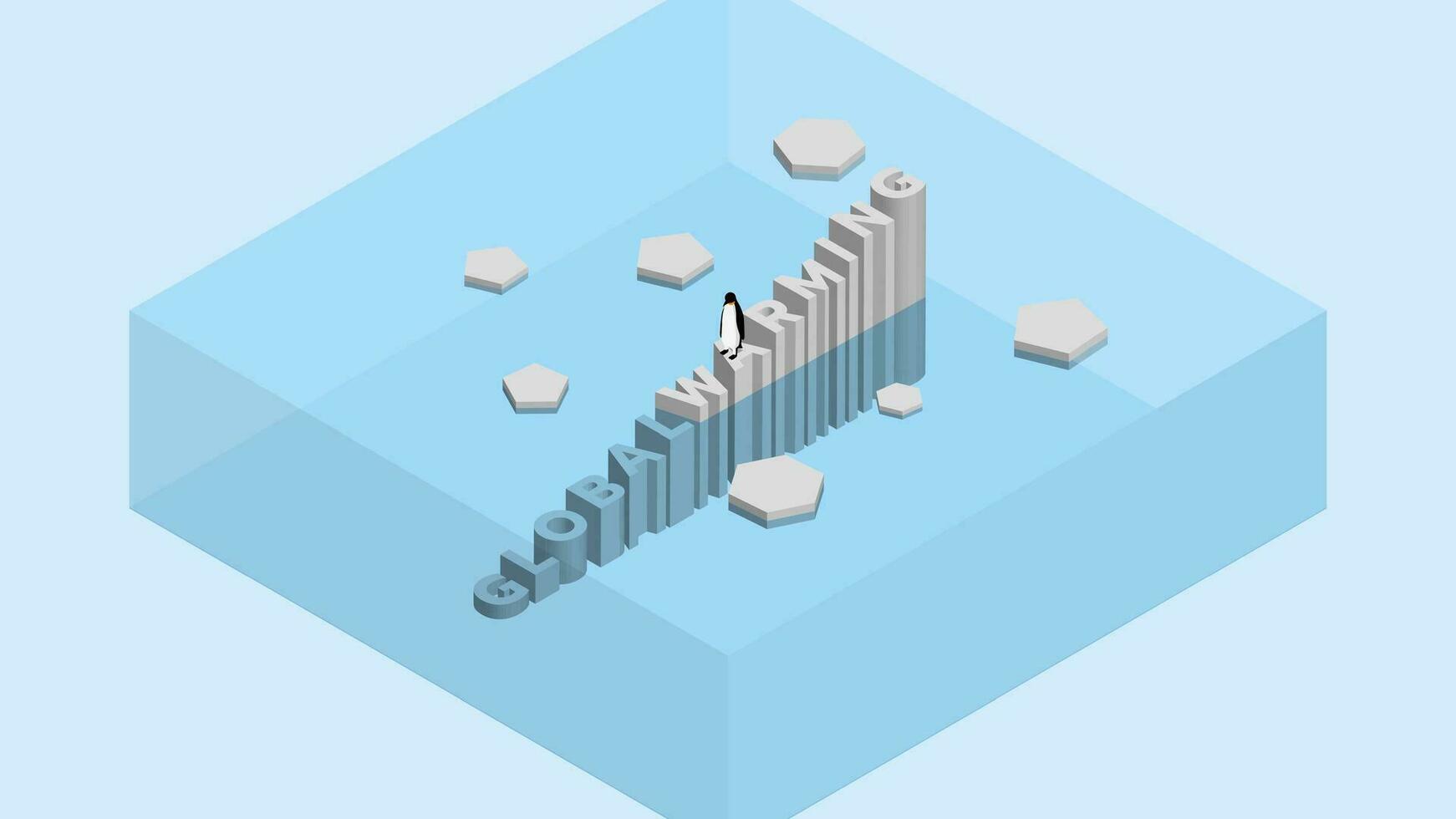 Penguin on text wording iceberg. Global warming and ice melting concept of sea level rise vector