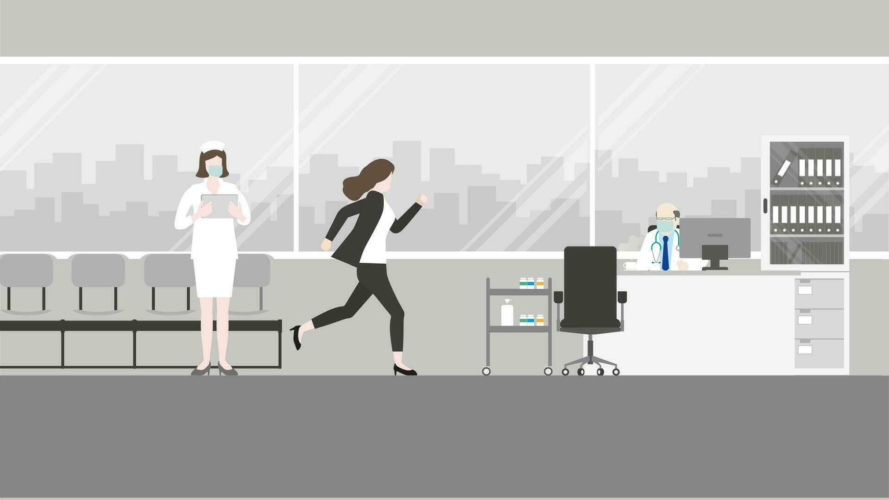 Hurry office people, a businesswoman runs to the doctor's appointment at the hospital. vector