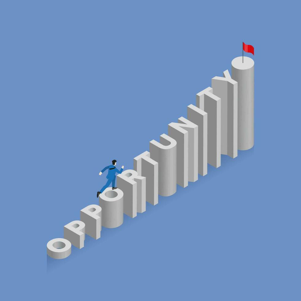 Businessman runs and steps up a stair, a staircase is text word OPPORTUNITY vector