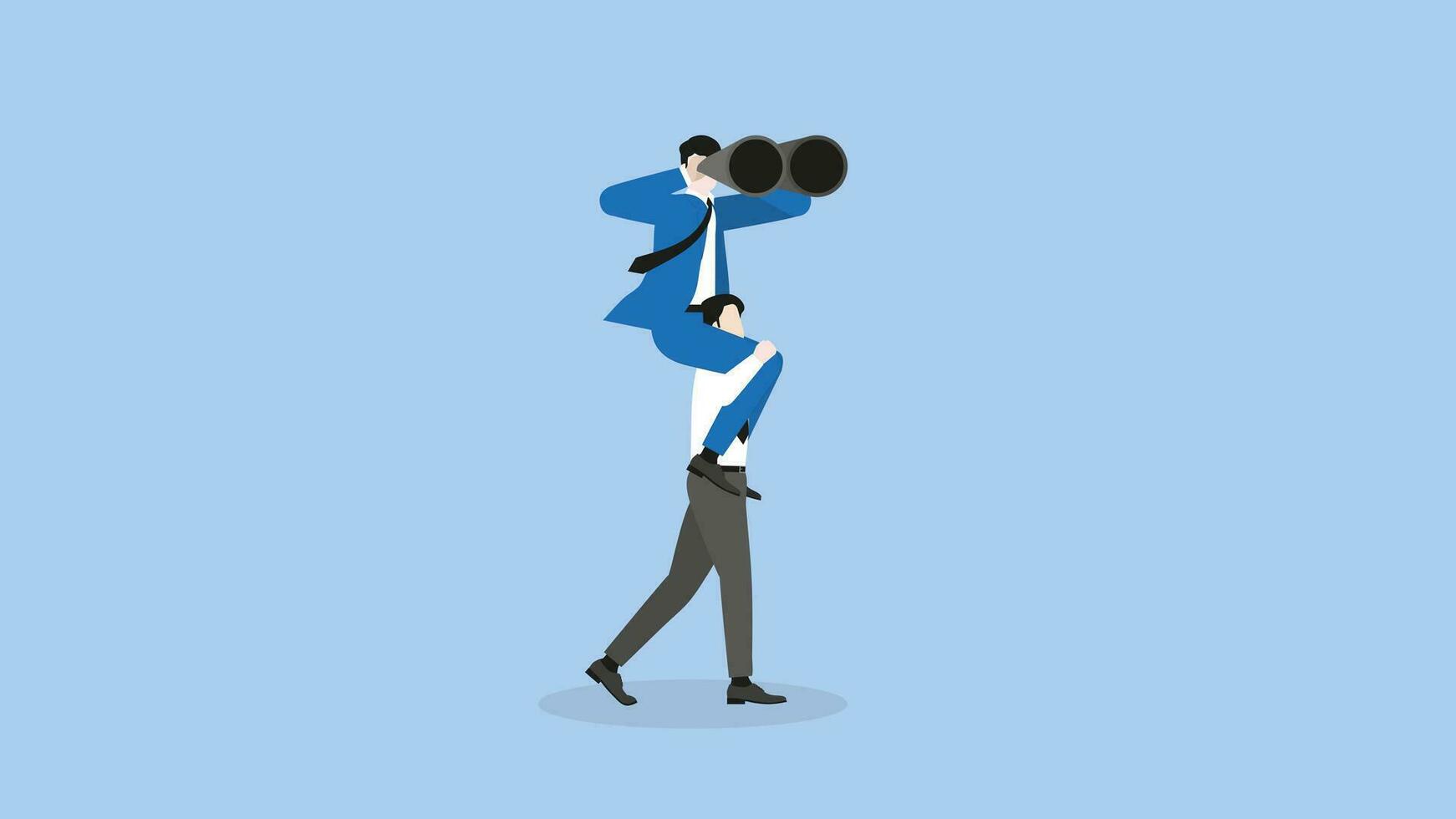 A visionary boss uses binoculars and rides piggyback on an employee team staff vector