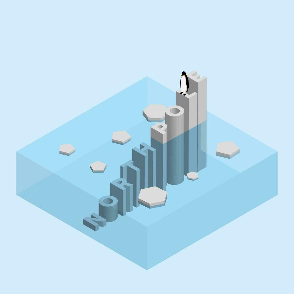 enguin on text wording iceberg. Global warming and ice melting concept of sea level rise, world flood, climate change, greenhouse effect and floating glacier in Arctic vector